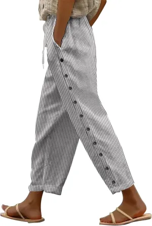 Women Linen Capri Pants Summer Boho with Pockets Wide Leg Cropped Pants for Women Casual Summer Cropped Pants Womens