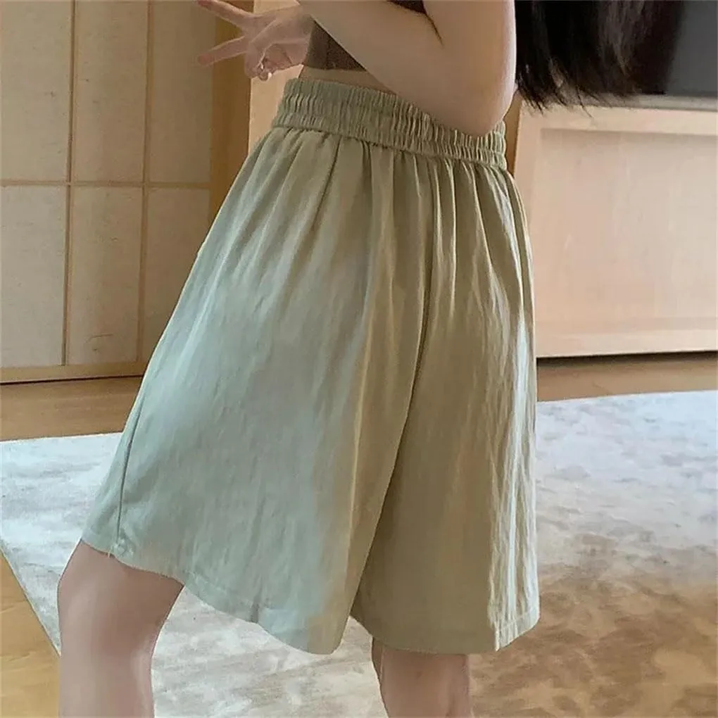 Women Silk Beach Vacation Short Pants Lady Baggy High Waisted Solid Drawstring Wide Leg Shorts