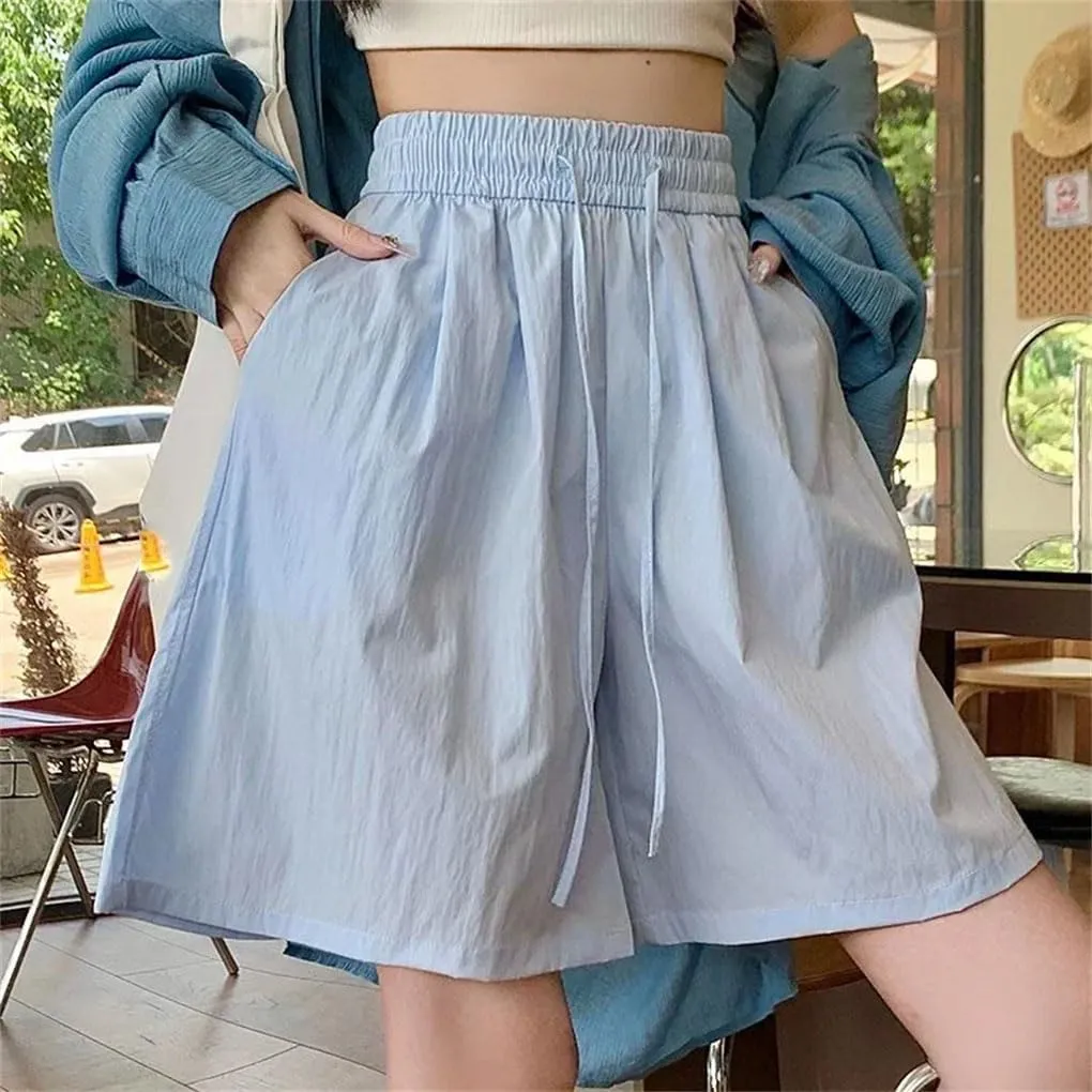 Women Silk Beach Vacation Short Pants Lady Baggy High Waisted Solid Drawstring Wide Leg Shorts