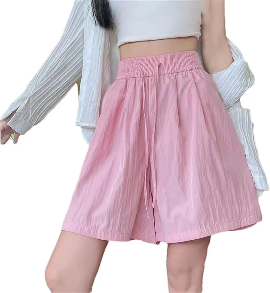 Women Silk Beach Vacation Short Pants Lady Baggy High Waisted Solid Drawstring Wide Leg Shorts