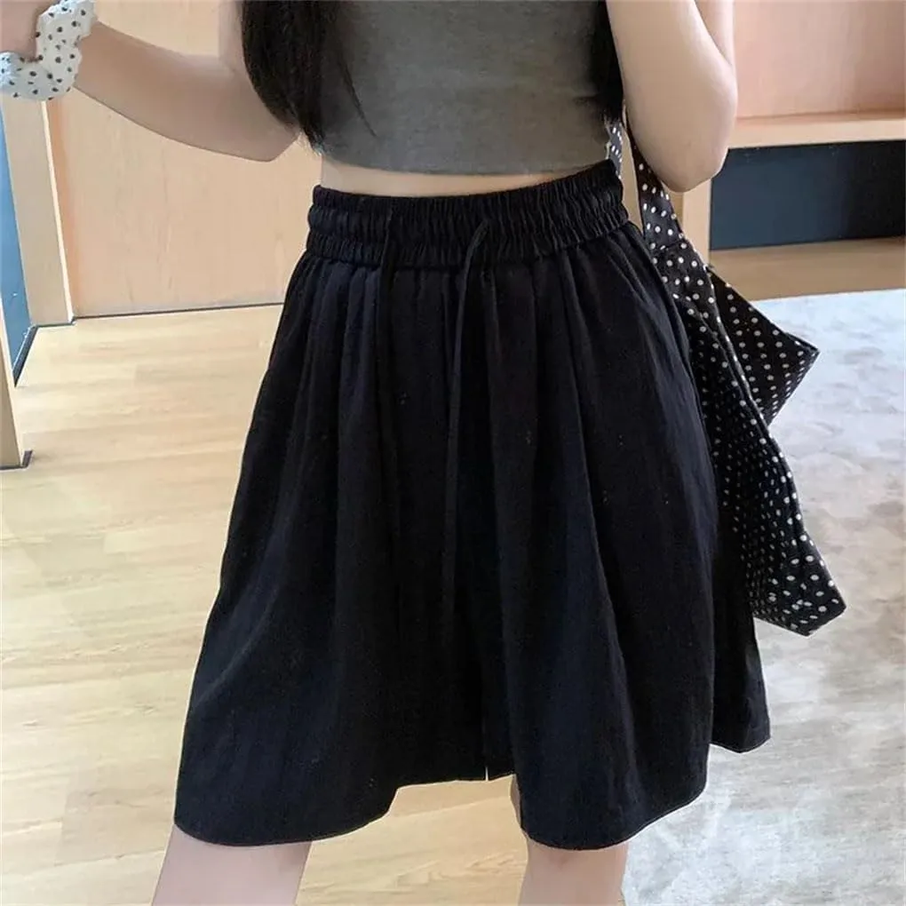 Women Silk Beach Vacation Short Pants Lady Baggy High Waisted Solid Drawstring Wide Leg Shorts