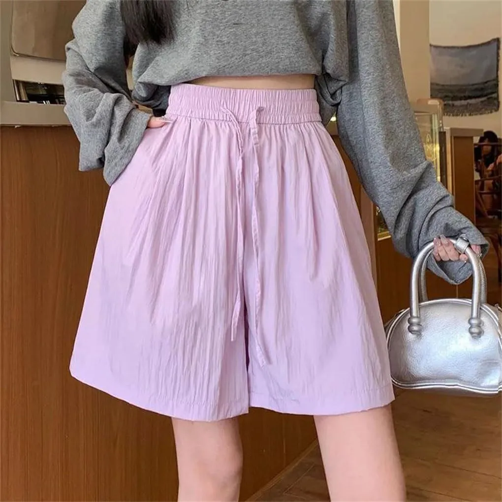 Women Silk Beach Vacation Short Pants Lady Baggy High Waisted Solid Drawstring Wide Leg Shorts