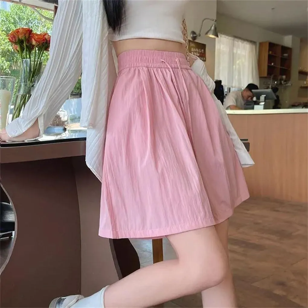 Women Silk Beach Vacation Short Pants Lady Baggy High Waisted Solid Drawstring Wide Leg Shorts