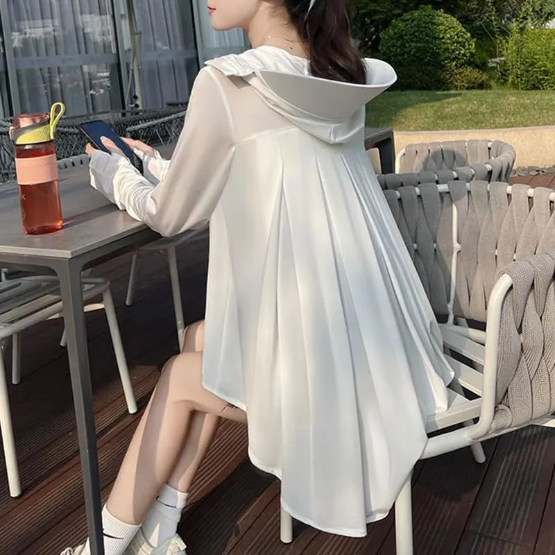 Women UV Resistant Hooded Zipper Front Short And Back Long Pockets Sunscreen Shirt Long Sleeve Summer Women