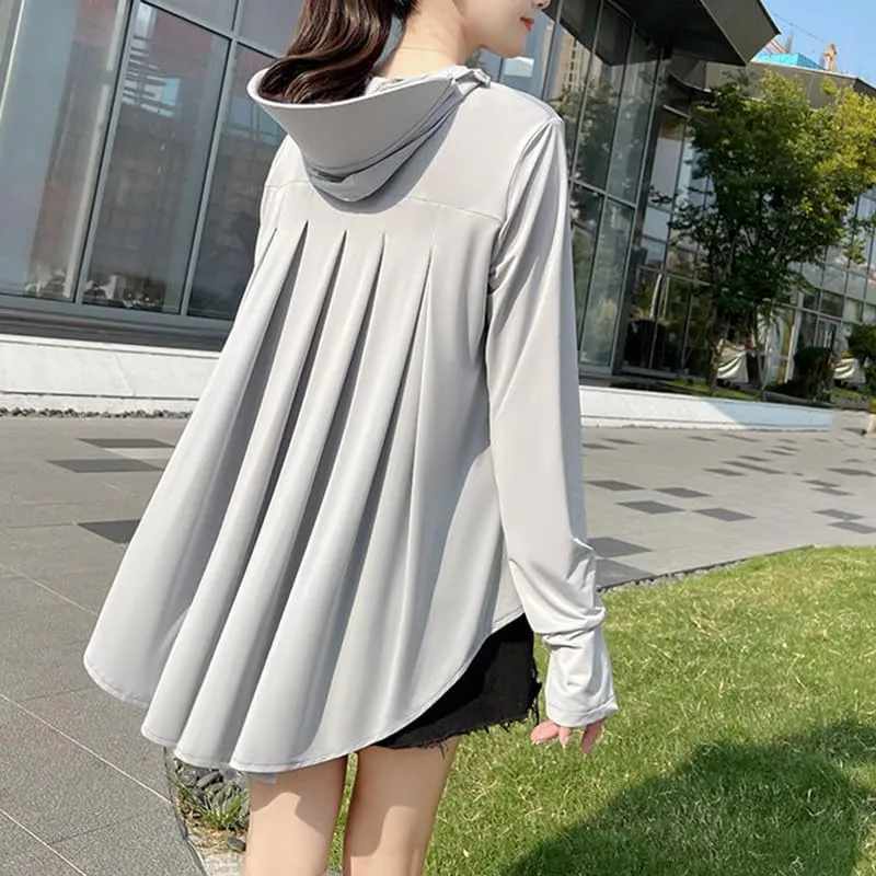 Women UV Resistant Hooded Zipper Front Short And Back Long Pockets Sunscreen Shirt Long Sleeve Summer Women