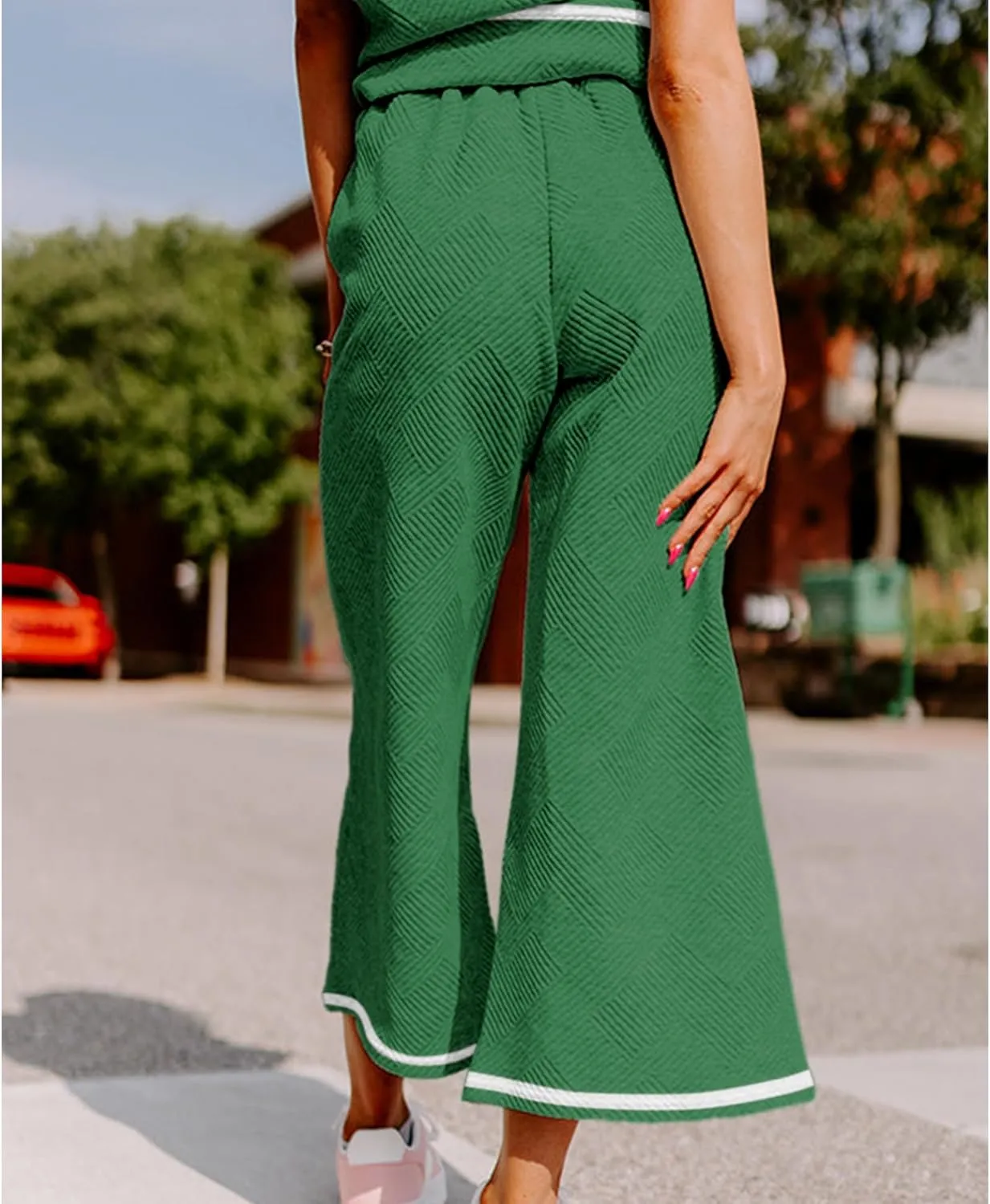 Women's 2 Piece Outfits Textured Sweatsuit 3/4 Batwing Sleeve Crew Neck Pullover Top Wide Leg Pant Tracksuit Set