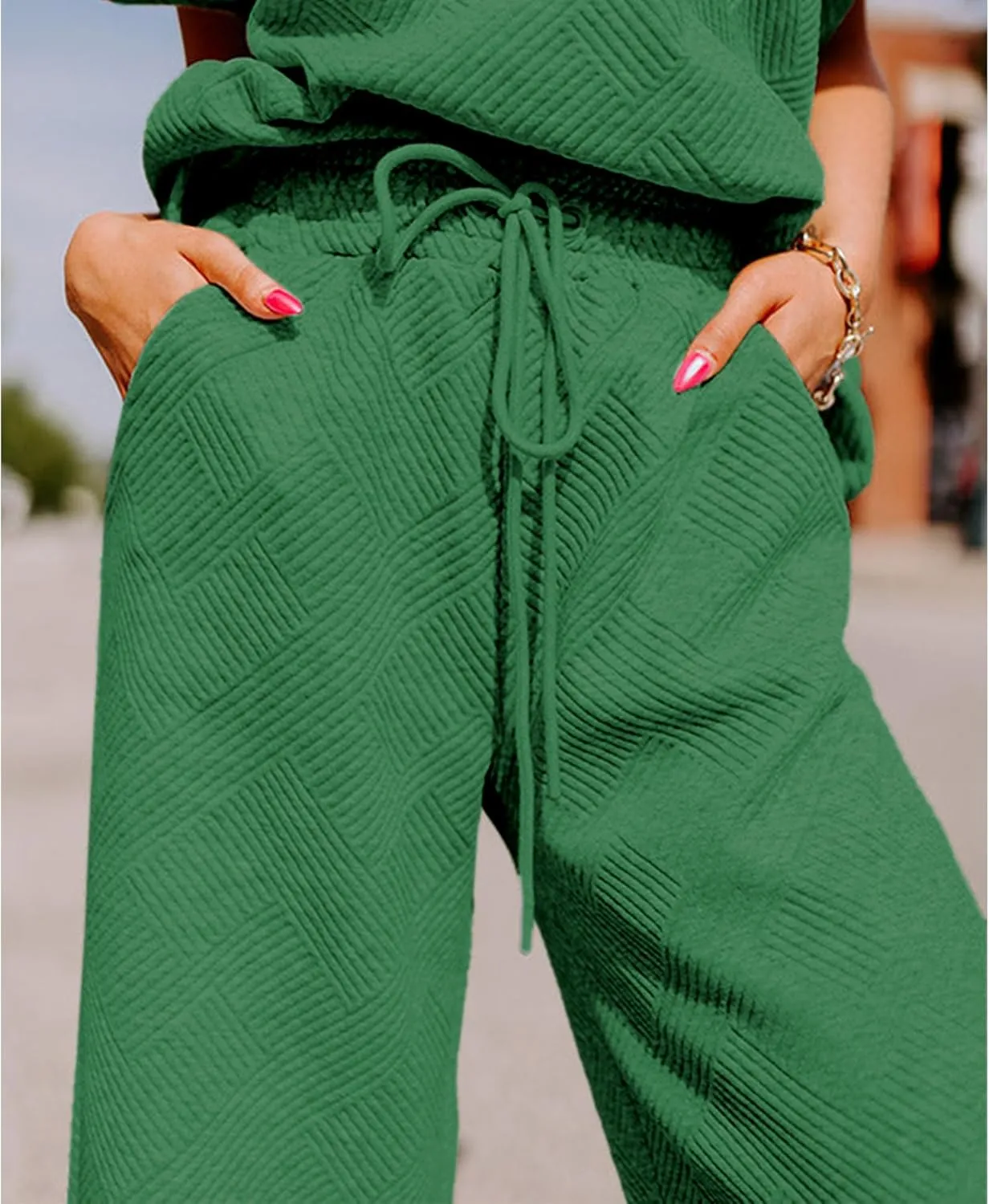 Women's 2 Piece Outfits Textured Sweatsuit 3/4 Batwing Sleeve Crew Neck Pullover Top Wide Leg Pant Tracksuit Set