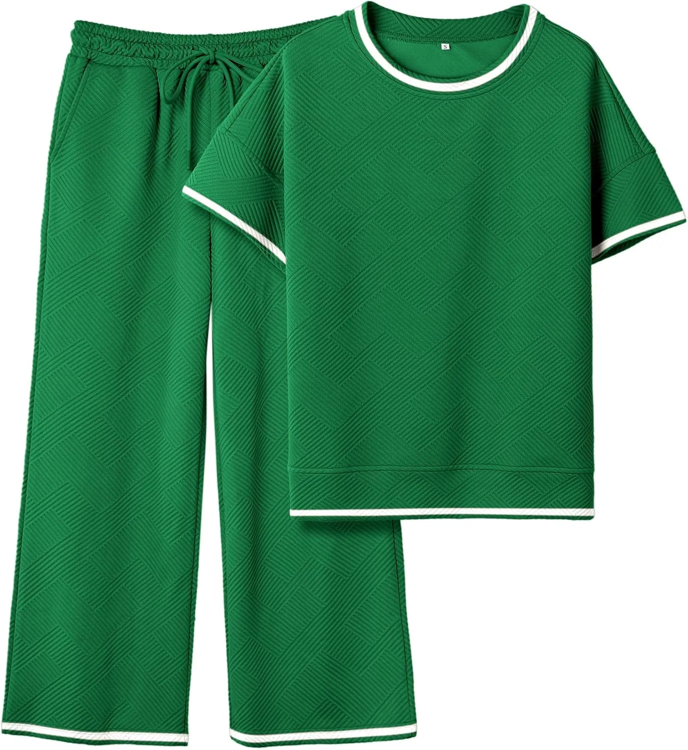 Women's 2 Piece Outfits Textured Sweatsuit 3/4 Batwing Sleeve Crew Neck Pullover Top Wide Leg Pant Tracksuit Set