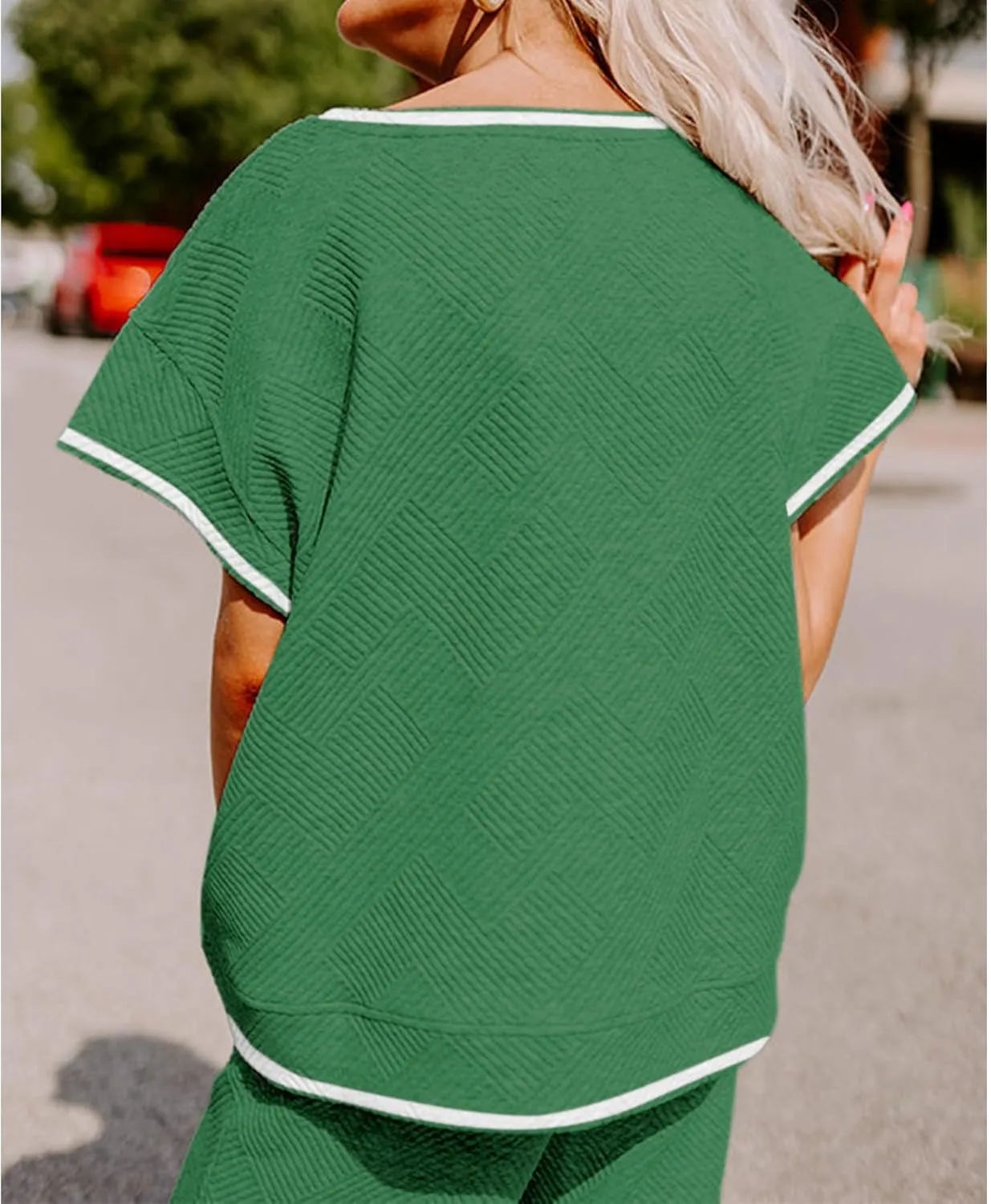 Women's 2 Piece Outfits Textured Sweatsuit 3/4 Batwing Sleeve Crew Neck Pullover Top Wide Leg Pant Tracksuit Set