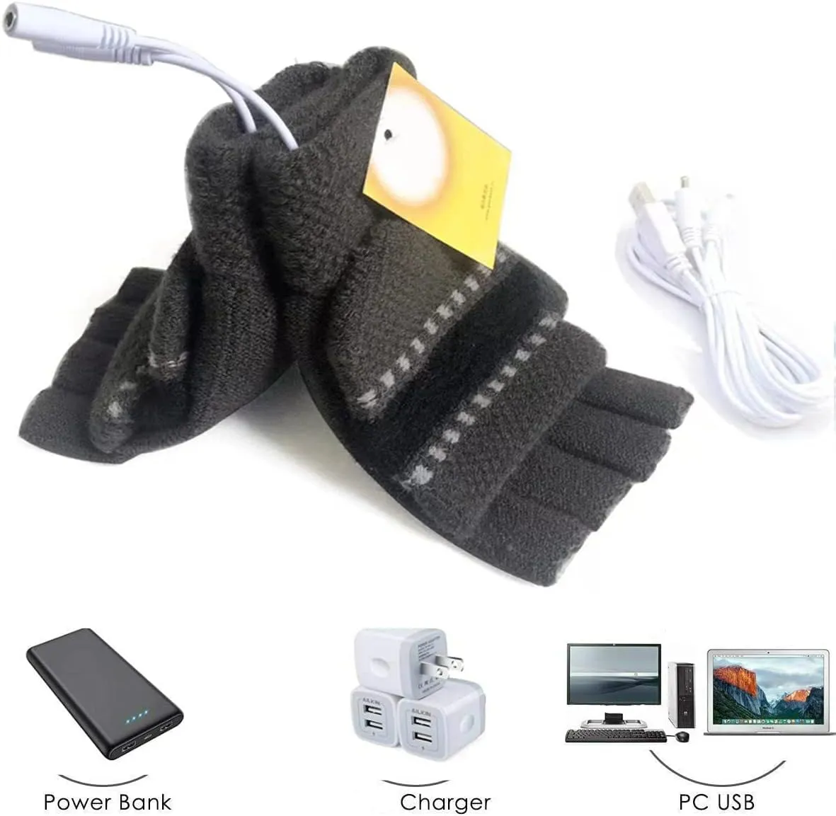 Women's & Men's 2 Pack USB Heated Gloves Mitten Winter Hands Warm Laptop Gloves, Knitting Hands Full & Half Heated Fingerless Heating Warmer Washable Design (Deep Gray Gray)