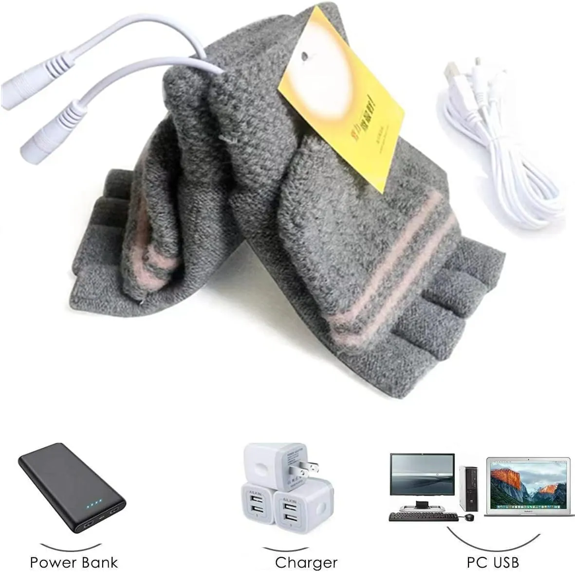 Women's & Men's 2 Pack USB Heated Gloves Mitten Winter Hands Warm Laptop Gloves, Knitting Hands Full & Half Heated Fingerless Heating Warmer Washable Design (Deep Gray Gray)