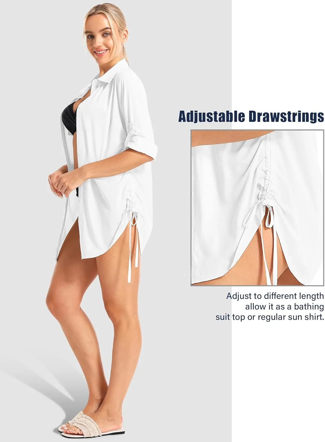 Womens Bathing Suit Cover Up Swimsuit Cover Up for Women Drawstring Button Down UV Sun Protection Beach Dress Shirt