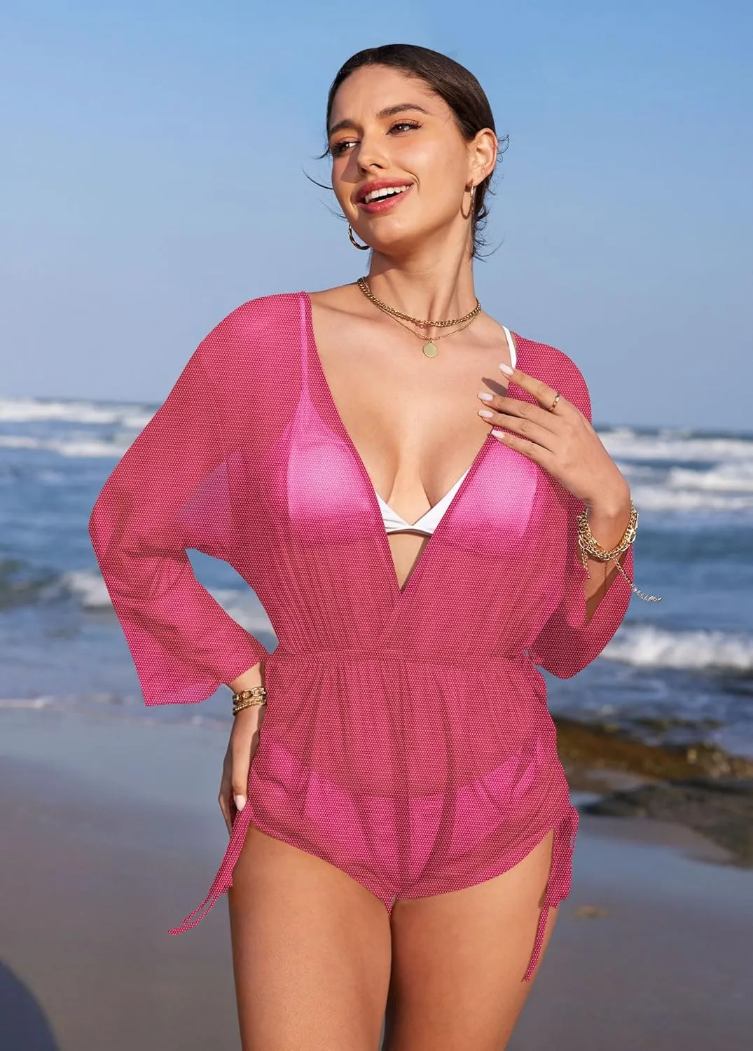 Women's Beach Deep V Neck Drawstring Swim Bikini Bathing Suit Cover up