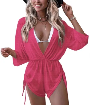 Women's Beach Deep V Neck Drawstring Swim Bikini Bathing Suit Cover up