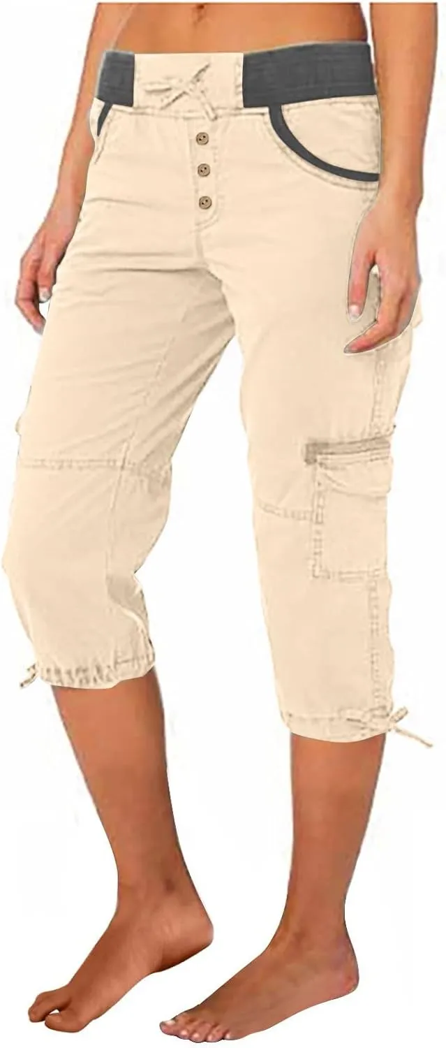 Women's Capri Pants Summer Lightweight Outdoor Hiking Capris with Drawstring Cargo Pockets Yoga Cropped Pant