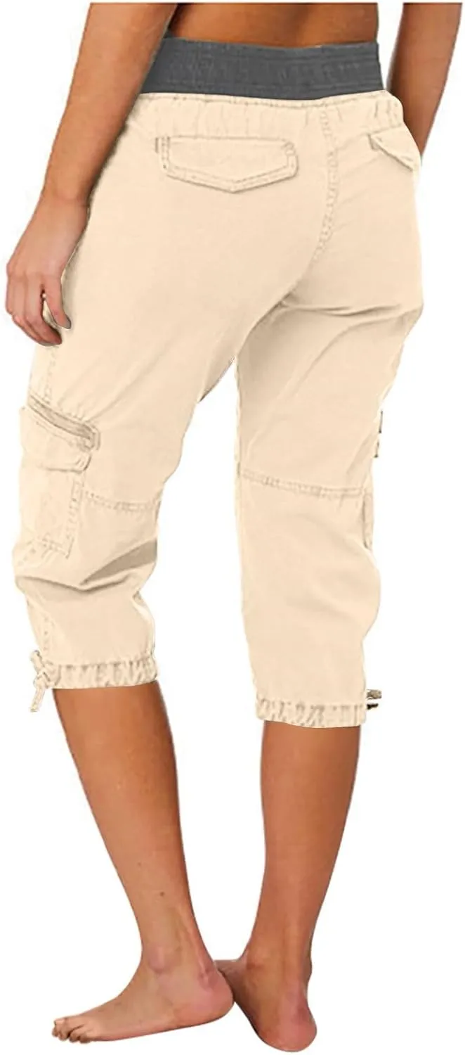 Women's Capri Pants Summer Lightweight Outdoor Hiking Capris with Drawstring Cargo Pockets Yoga Cropped Pant