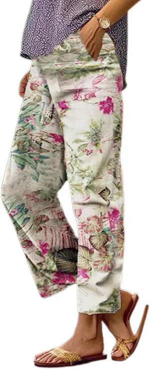Womens Casual Boho Floral Cotton Linen Pants Elastic Waist Drawstring Summer Beach Baggy Trousers with Pockets