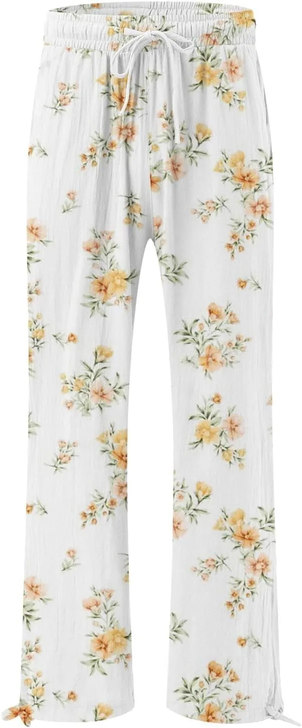 Women's Casual Pants Flower Pants Vintage Print Cotton Linen Pants Elastic Waisted Drawstring Summer Beach Baggy Trousers