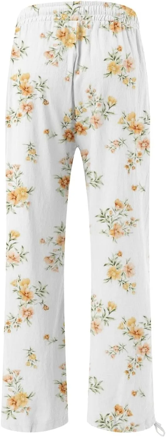 Women's Casual Pants Flower Pants Vintage Print Cotton Linen Pants Elastic Waisted Drawstring Summer Beach Baggy Trousers