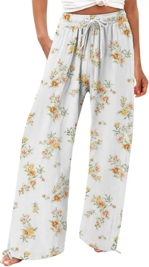 Women's Casual Pants Flower Pants Vintage Print Cotton Linen Pants Elastic Waisted Drawstring Summer Beach Baggy Trousers