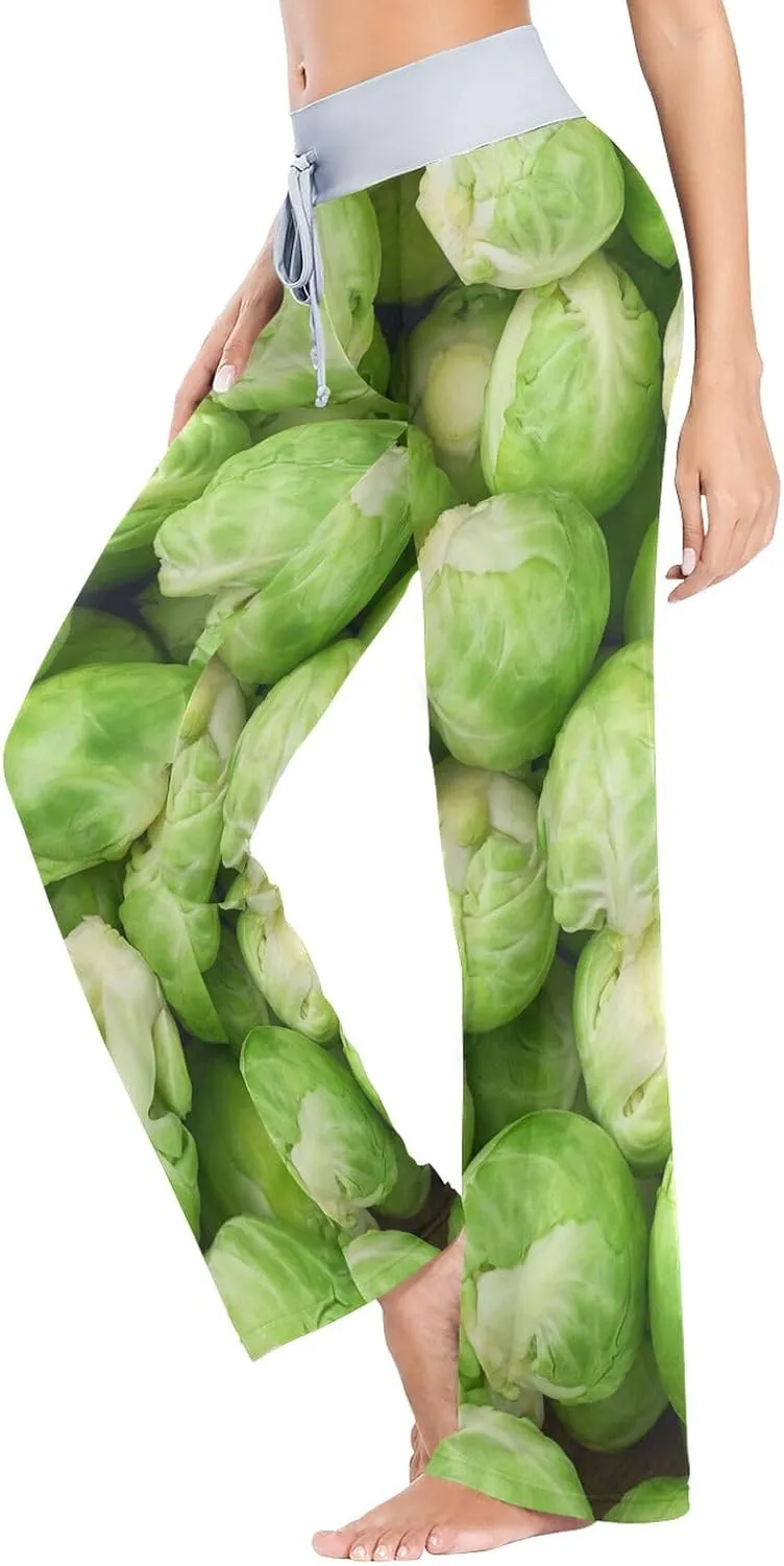 Women's Comfy Casual Pajama Pants Weeds Leaf Skull Print Drawstring Palazzo Lounge Pants Wide Leg