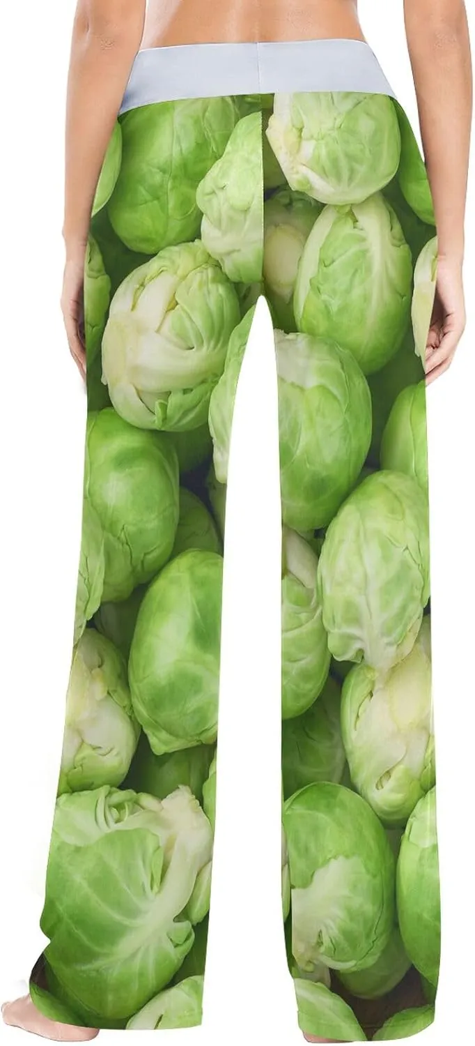 Women's Comfy Casual Pajama Pants Weeds Leaf Skull Print Drawstring Palazzo Lounge Pants Wide Leg