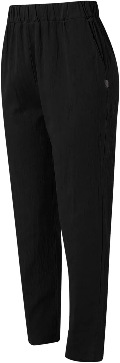 Women's Cotton Linen Pants Summer Casual Baggy Wide Leg Elastic High Waist Beach Slacks Stripe Printed Capri Trousers
