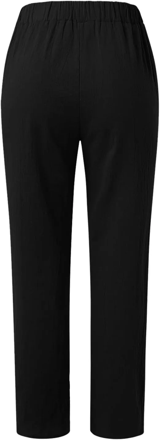 Women's Cotton Linen Pants Summer Casual Baggy Wide Leg Elastic High Waist Beach Slacks Stripe Printed Capri Trousers