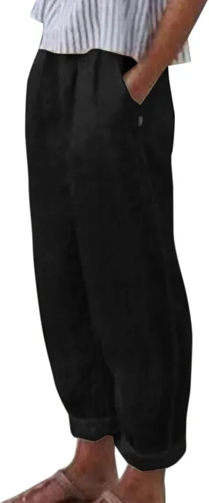 Women's Cotton Linen Pants Summer Casual Baggy Wide Leg Elastic High Waist Beach Slacks Stripe Printed Capri Trousers