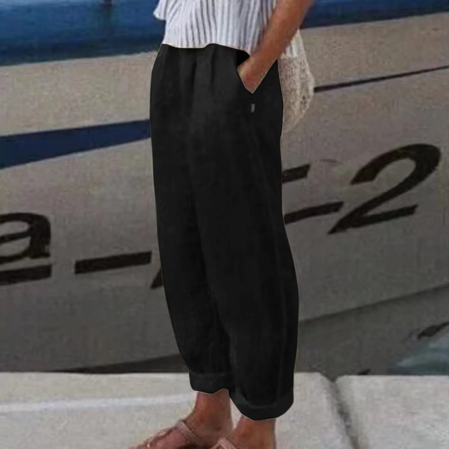 Women's Cotton Linen Pants Summer Casual Baggy Wide Leg Elastic High Waist Beach Slacks Stripe Printed Capri Trousers