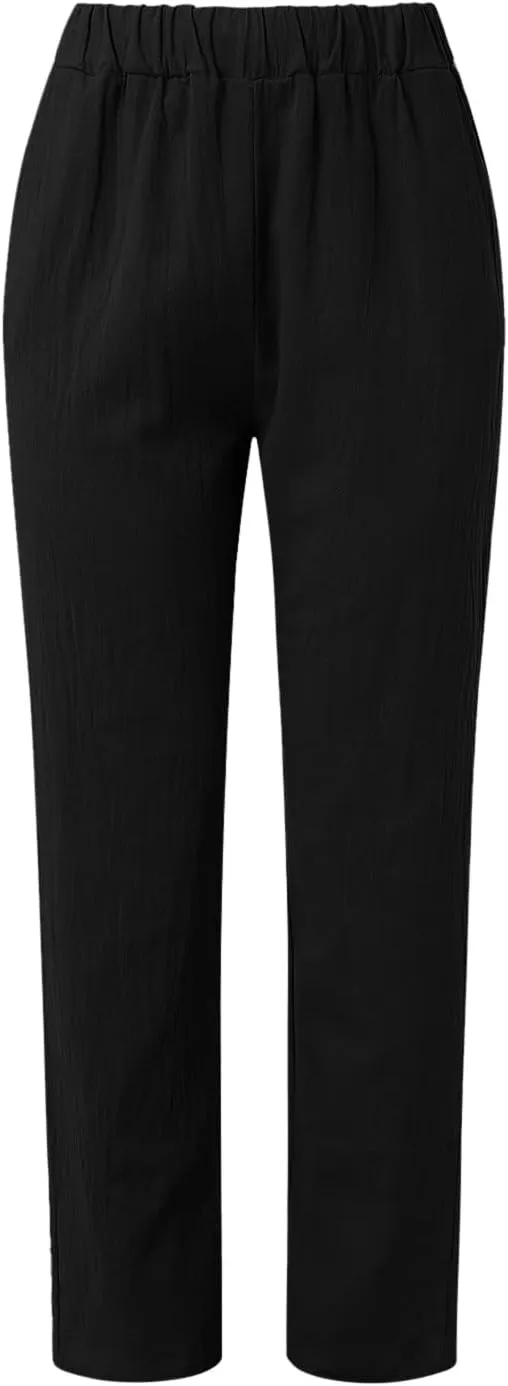 Women's Cotton Linen Pants Summer Casual Baggy Wide Leg Elastic High Waist Beach Slacks Stripe Printed Capri Trousers