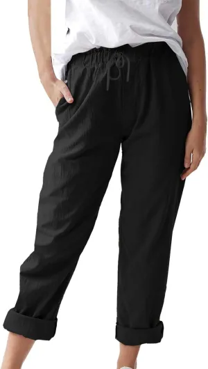 Women's Cotton Linen Summer Palazzo Pants Flowy Wide Leg Beach Trousers Pockets Lounge Plain Drawstring Trousers