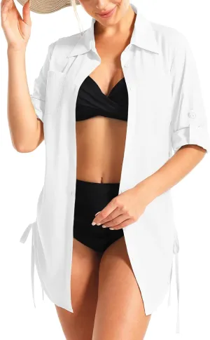Womens Cover Up Bathing Suit UPF 50 Long Sleeve UV Sun Protection Button Down Dress Shirts Swim Cover Up for Women（5086,White,L）