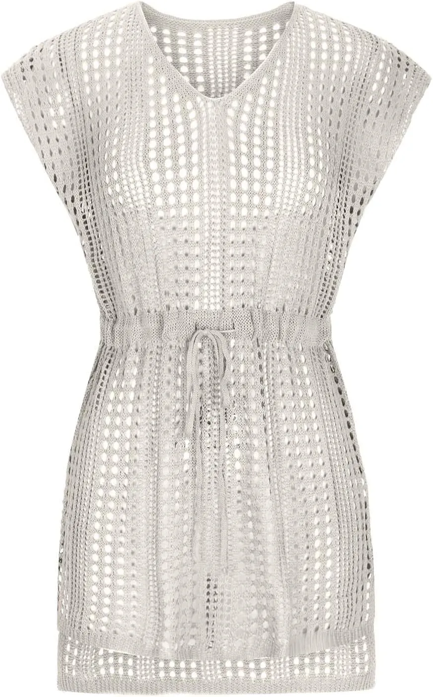 Women's Crochet Swimsuit V Neck Cover Ups Cap Sleeve Vacation Beachwear Mesh Knit Drawstring Lace Up Outfit
