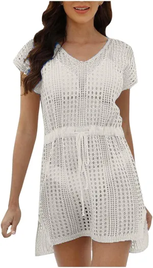 Women's Crochet Swimsuit V Neck Cover Ups Cap Sleeve Vacation Beachwear Mesh Knit Drawstring Lace Up Outfit