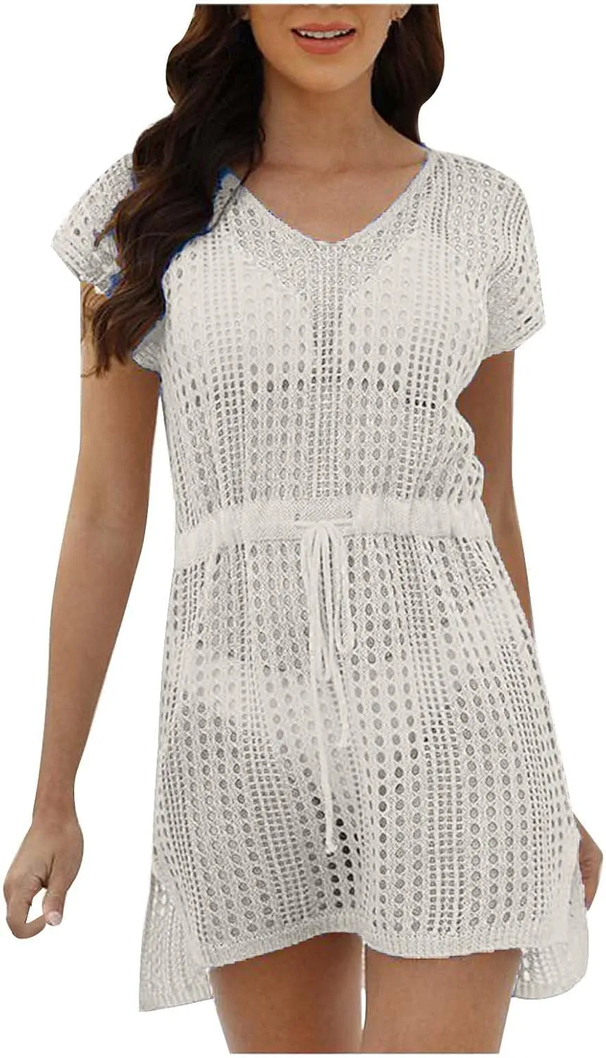 Women's Crochet Swimsuit V Neck Cover Ups Cap Sleeve Vacation Beachwear Mesh Knit Drawstring Lace Up Outfit