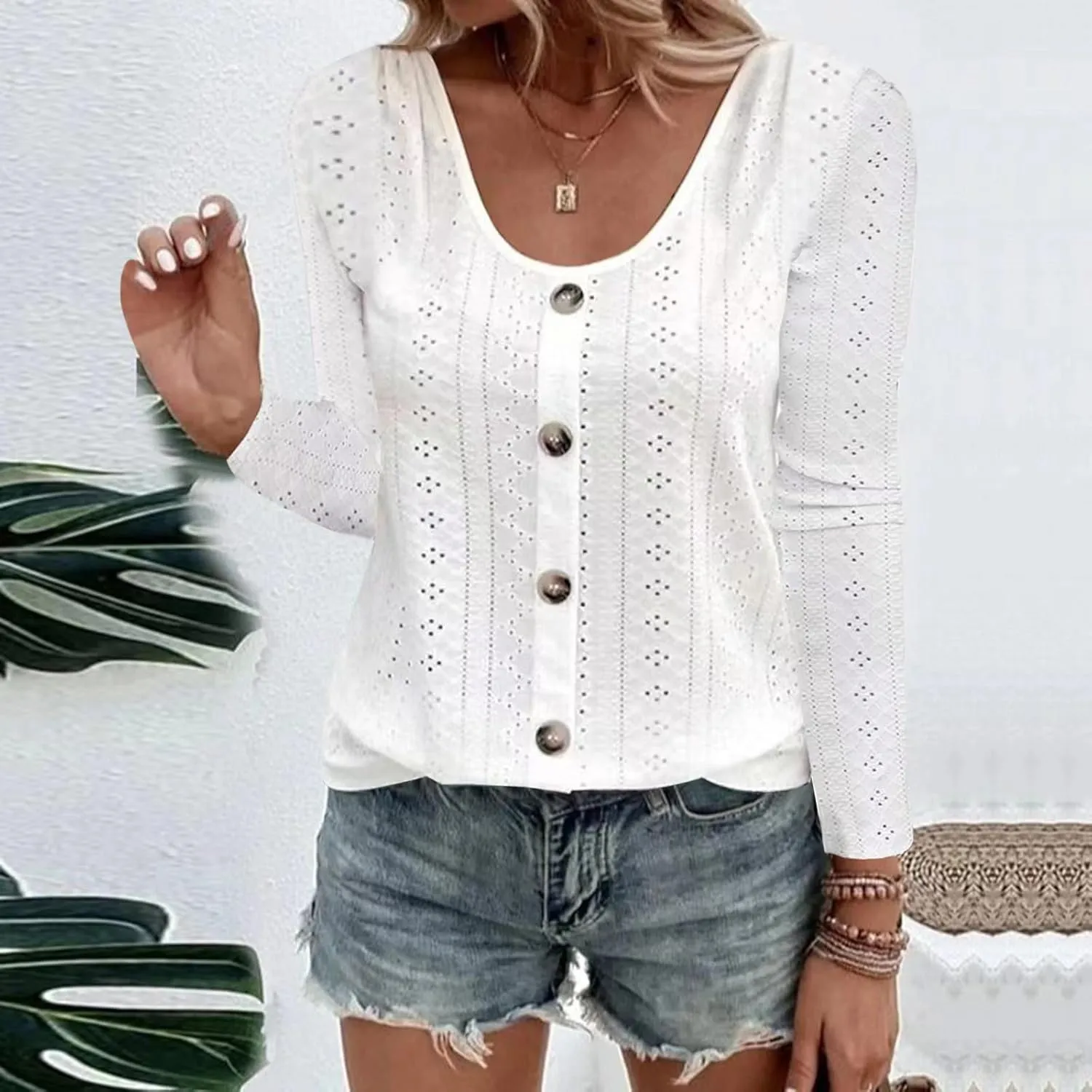 Womens Fashion Tops Eyelet Embroidery Long Sleeve Button Dwon Shirts Loose Casual 2024 Fall Clothes Comfy Shirt