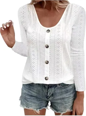 Womens Fashion Tops Eyelet Embroidery Long Sleeve Button Dwon Shirts Loose Casual 2024 Fall Clothes Comfy Shirt