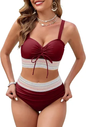 Women's High Waisted Bikini Sets Swimsuits Color Block Two Piece Bathing Suit Cute Drawstring Bikinis
