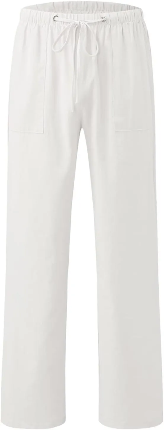 Womens' Linen Cotton High Waisted Drawstring Pants Loose Fit Elastic Waist Athleisure Long Pant Fashion Boho Trousers
