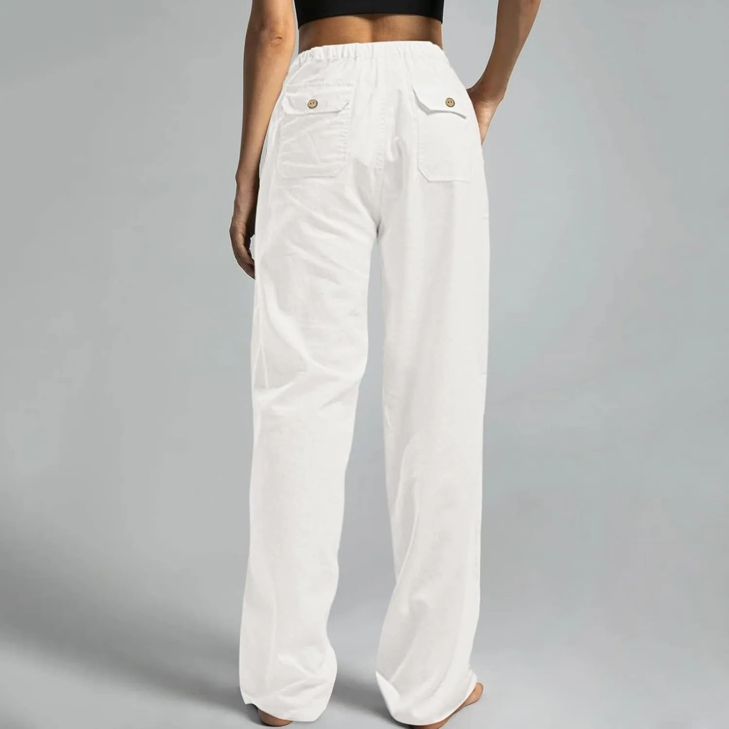 Womens' Linen Cotton High Waisted Drawstring Pants Loose Fit Elastic Waist Athleisure Long Pant Fashion Boho Trousers