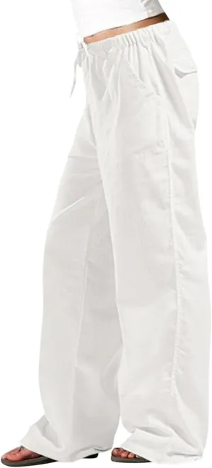 Womens' Linen Cotton High Waisted Drawstring Pants Loose Fit Elastic Waist Athleisure Long Pant Fashion Boho Trousers
