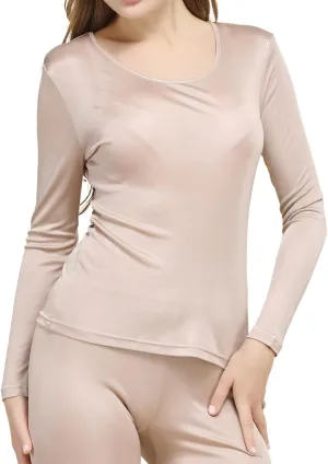 Women's Silk Thermal Underwear Top Mulberry Silk Scoop Neck Baselayer Shirt Long Sleeve Undershirt Slim Lightweight Blouse