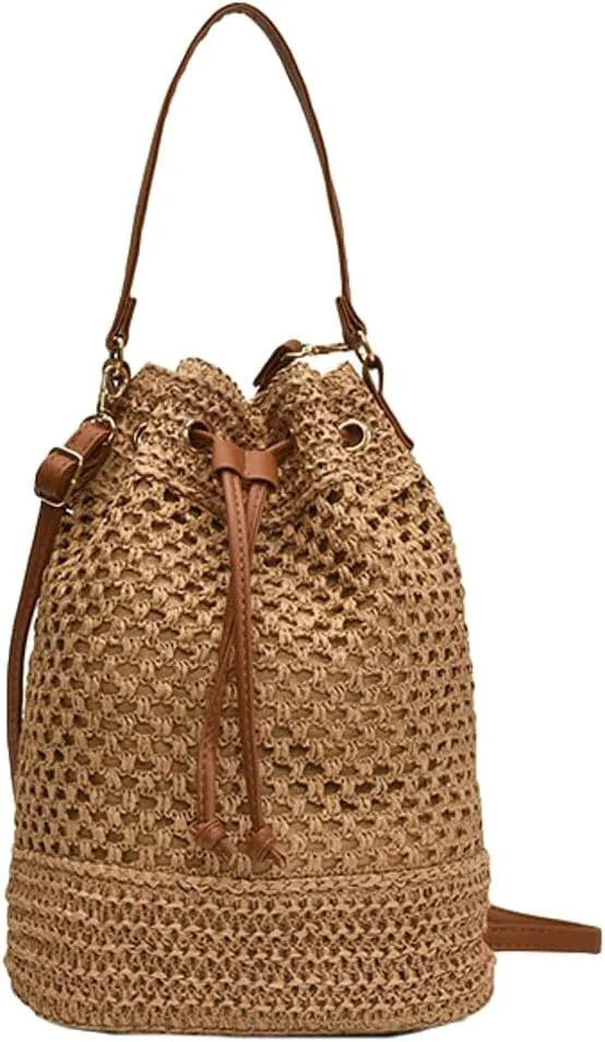 Womens Straw Bucket Bags Small Beach Shoulder Crossbody Purse Handmade Woven Totes Summer Drawstring Handbags