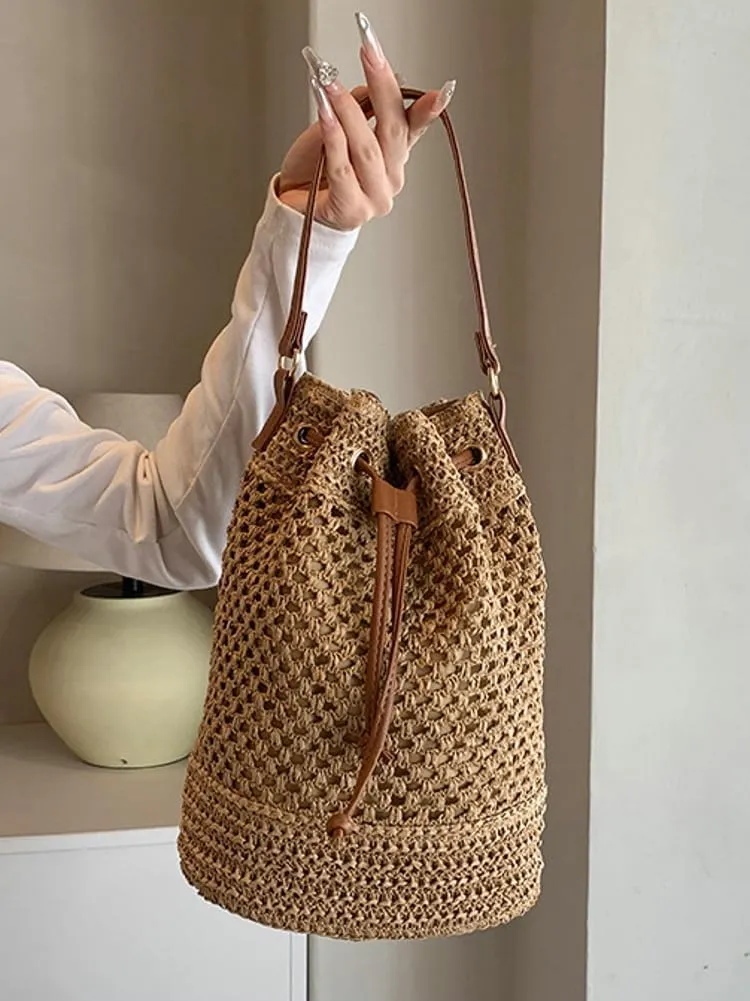 Womens Straw Bucket Bags Small Beach Shoulder Crossbody Purse Handmade Woven Totes Summer Drawstring Handbags