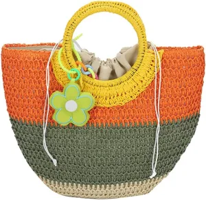Womens Straw Handbags Casual Totes Rattan Woven Purse Summer Beach Shoulder Bag Colorful Satchel Vacation