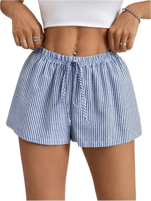Women's Striped Print Drawstring Elastic Waist Shorts Casual Wide Leg Low Rise Summer Boxer Shorts