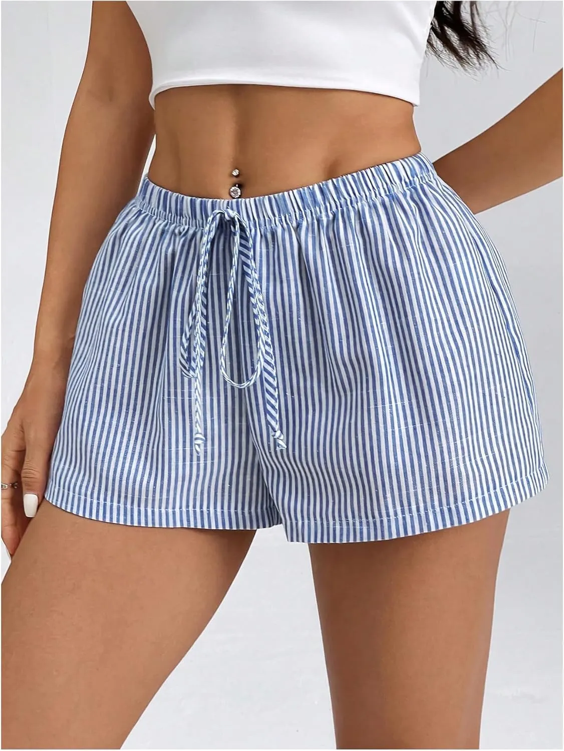 Women's Striped Print Drawstring Elastic Waist Shorts Casual Wide Leg Low Rise Summer Boxer Shorts