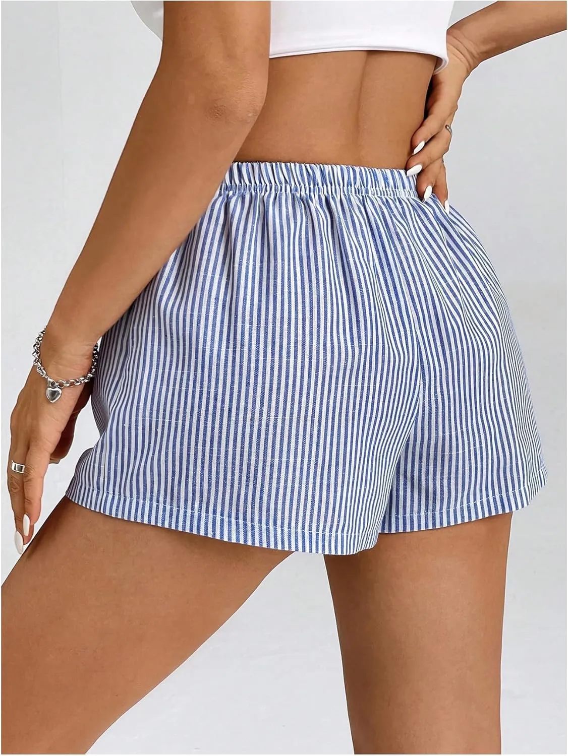 Women's Striped Print Drawstring Elastic Waist Shorts Casual Wide Leg Low Rise Summer Boxer Shorts