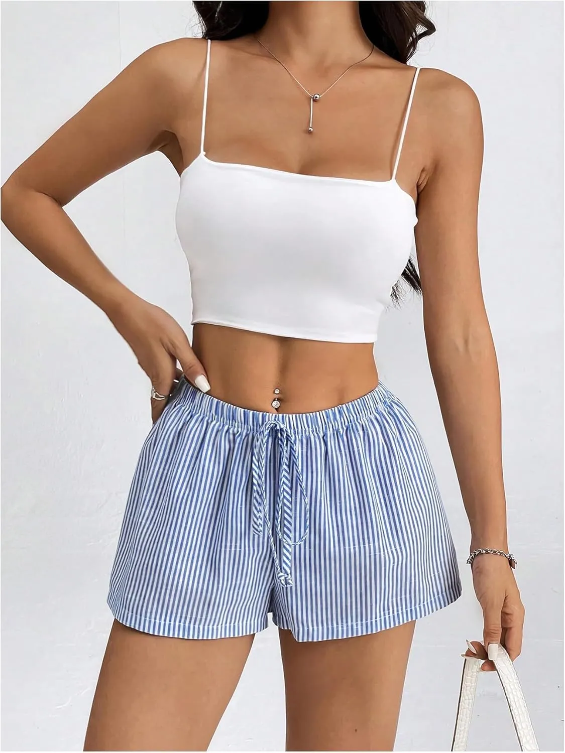 Women's Striped Print Drawstring Elastic Waist Shorts Casual Wide Leg Low Rise Summer Boxer Shorts